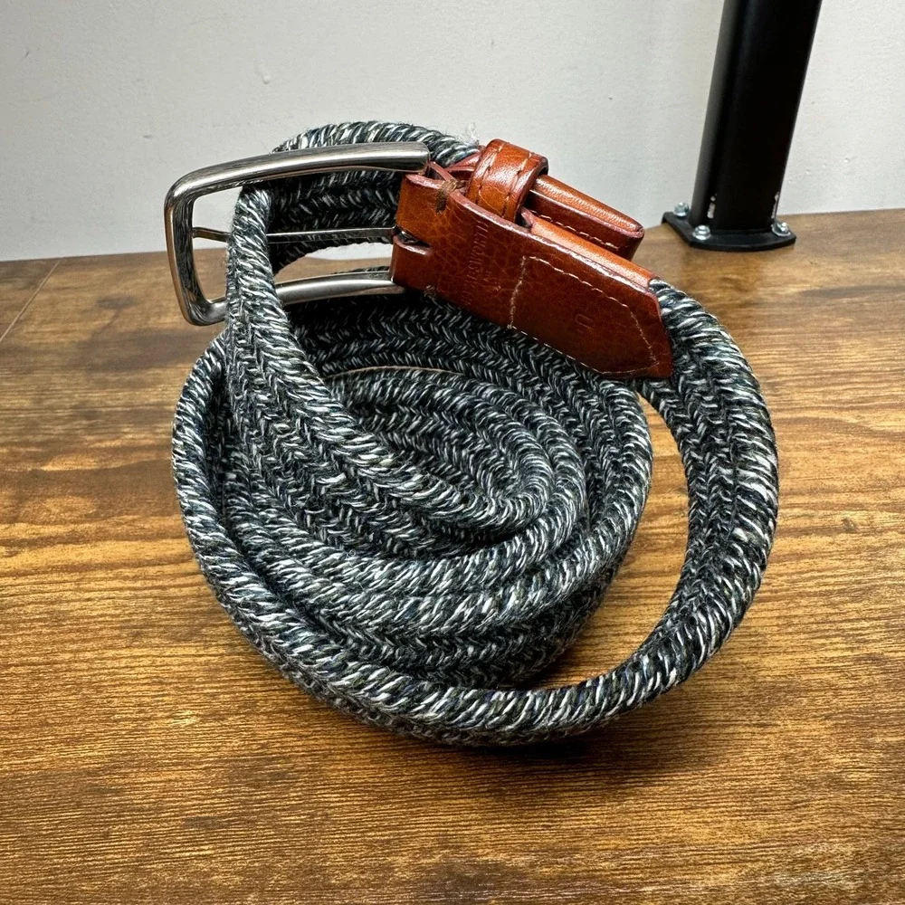 FH Wadsworth Mens Woven Braided Belt 40 Navy Green White Made in Italy Leather